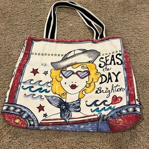 Brighton Seas the Day Canvas Tote in Cream, Red, Blue, Yellow